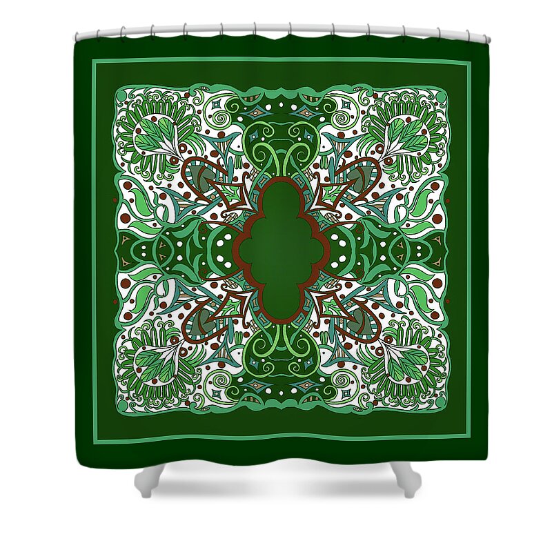 Pillow Design Shower Curtain featuring the mixed media Cross in Irish Green with Leaves,Berries and Fan by Lise Winne