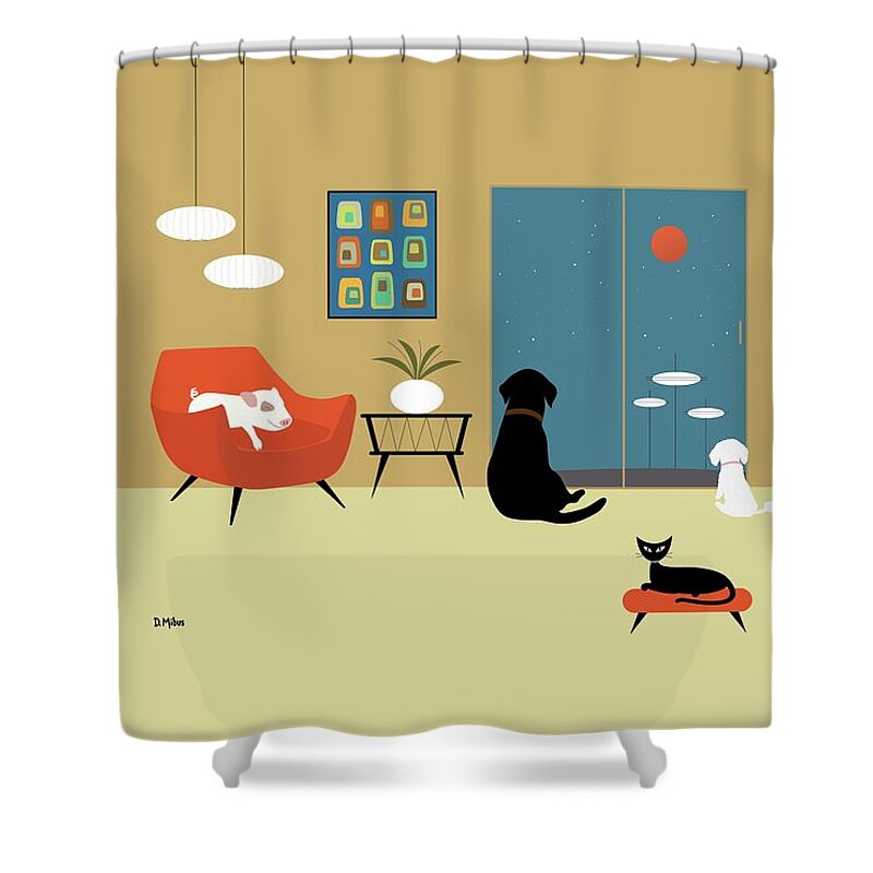 Cat Shower Curtain featuring the digital art Mid Century Modern Pig by Donna Mibus