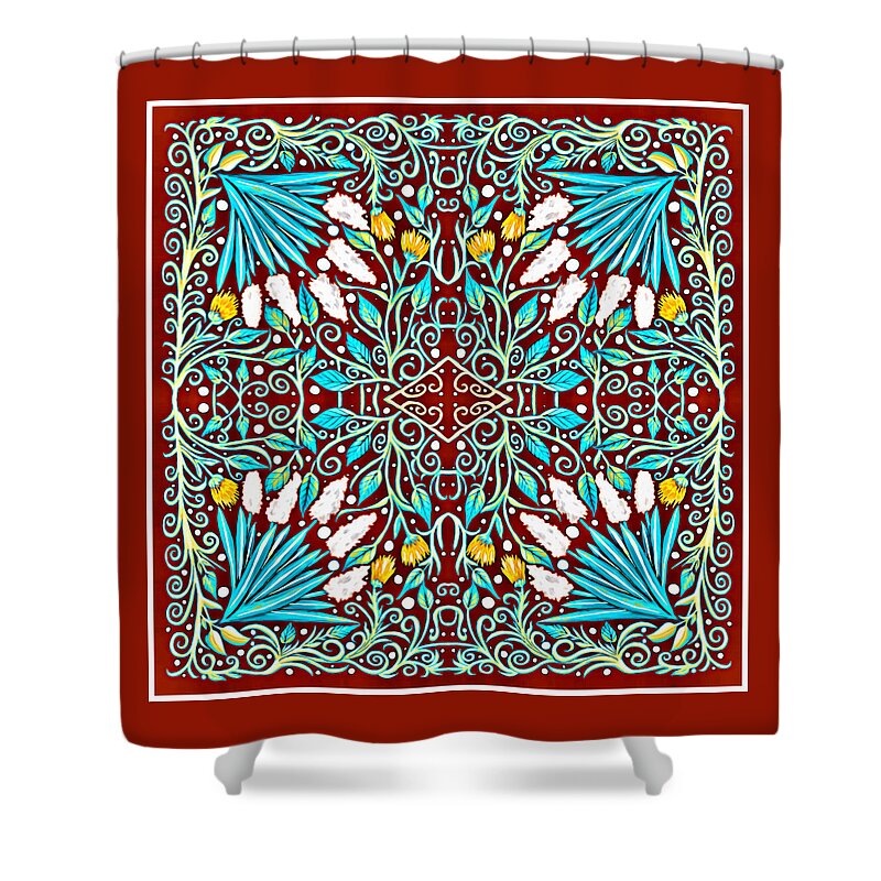 Turquoise Leaves Shower Curtain featuring the mixed media Floral Design in Turquoise, Yellow and Red by Lise Winne