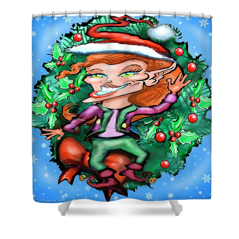 Christmas Shower Curtain featuring the digital art Christmas Elf with Wreath by Kevin Middleton