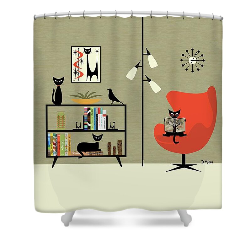 Mid Century Modern Shower Curtain featuring the digital art Mid Century Modern Cat Reading by Donna Mibus