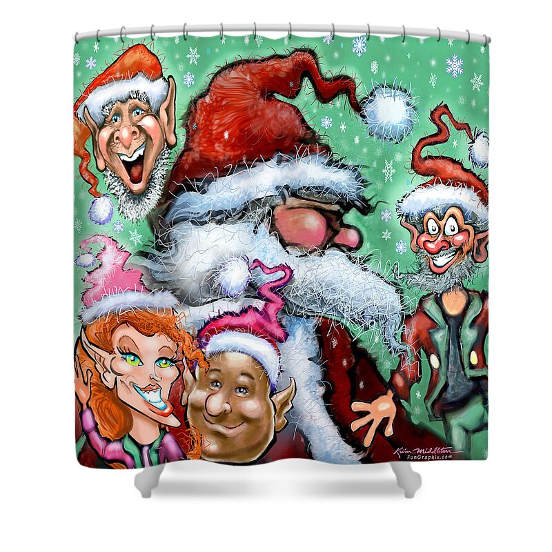 Santa Shower Curtain featuring the digital art Santa and his Elves by Kevin Middleton