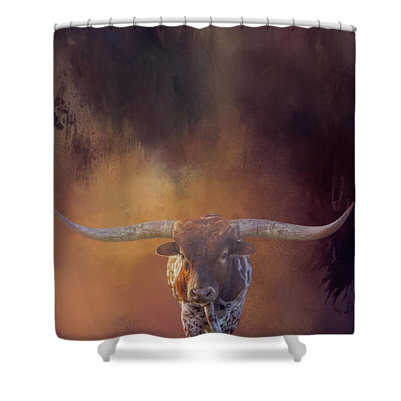 Texas Longhorn Shower Curtain featuring the mixed media Texas Longhorn by Elisabeth Lucas