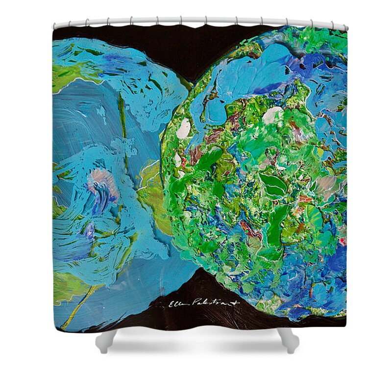 Wall Art Shower Curtain featuring the painting A Filigree in Blues and Greens - Horizontal by Ellen Palestrant