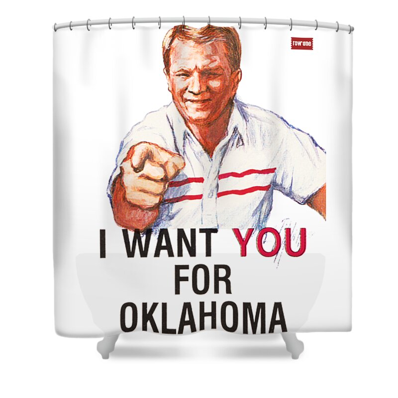 1986 Shower Curtain featuring the mixed media I Want You for Oklahoma Football Barry Switzer Poster by Row One Brand
