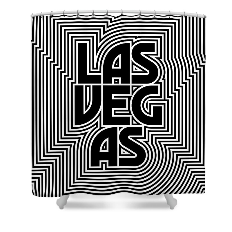 Black Shower Curtain featuring the digital art Las Vegas City Text Pattern USA by Organic Synthesis