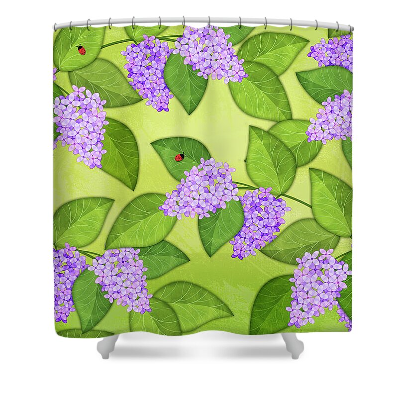 Bird Shower Curtain featuring the digital art Bird on Clothesline with Lilacs by Valerie Drake Lesiak