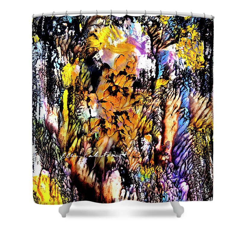 Earth Colors Shower Curtain featuring the painting His Majesty Gold Feather by Ellen Palestrant