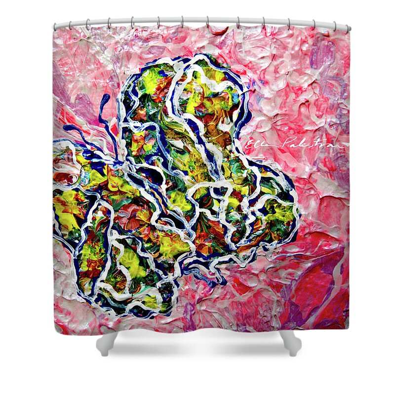 Wall Art Shower Curtain featuring the painting At Pink-O-Clock a Butterfly Flew By by Ellen Palestrant