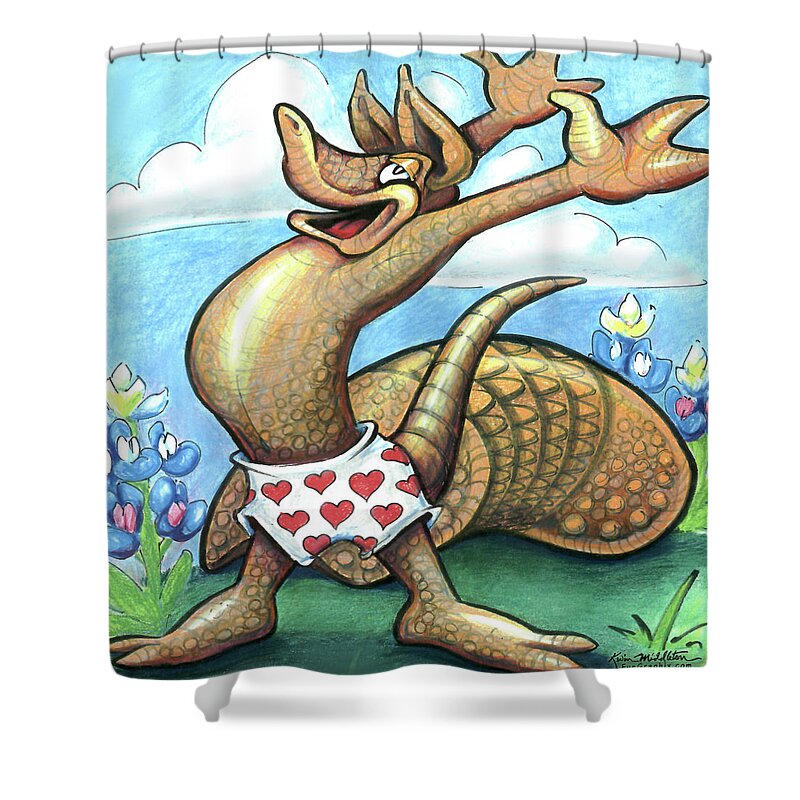Armadillo Shower Curtain featuring the digital art Get Out of Your Shell, Stop and Smell the Bluebonnets by Kevin Middleton