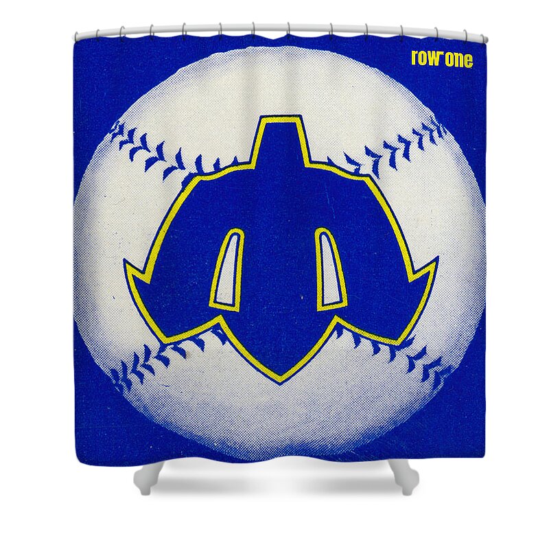 1980 Shower Curtain featuring the mixed media 1980 Seattle Mariners Art by Row One Brand