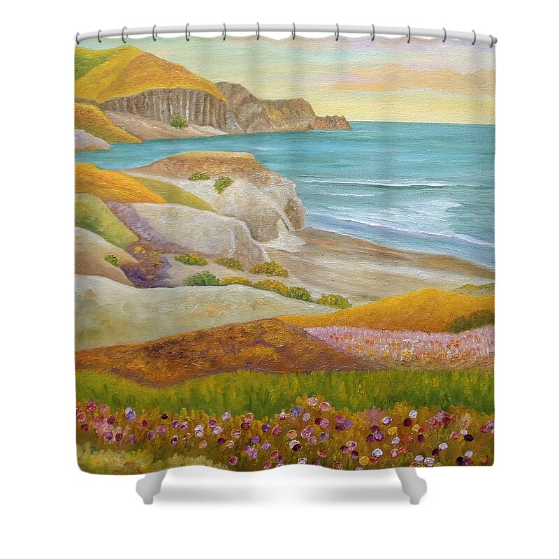 Wild Flowers Shower Curtain featuring the painting Prairie By The Sea by Angeles M Pomata