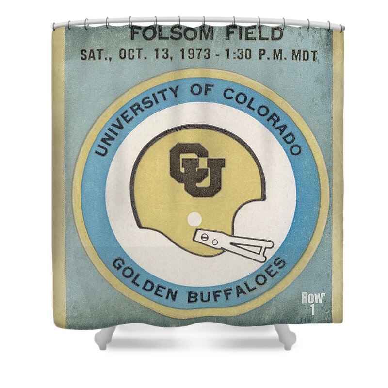 `973 Shower Curtain featuring the mixed media 1973 Colorado Buffaloes Football Ticket Stub Art by Row One Brand
