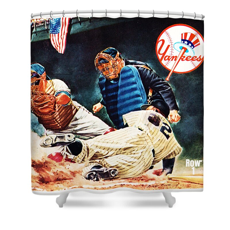 1963 Shower Curtain featuring the mixed media 1963 World Series Yankees vs. Dodgers Program Art by Row One Brand