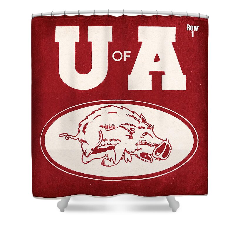 Fifties Shower Curtain featuring the mixed media Vintage Fifties Arkansas Razorback Art by Row One Brand