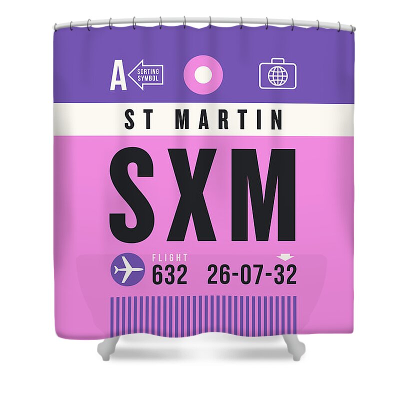 Airline Shower Curtain featuring the digital art Luggage Tag A - SXM Saint Martin Netherlands by Organic Synthesis