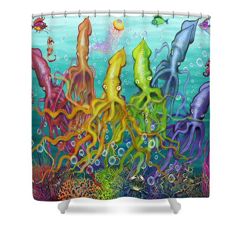 Squid Shower Curtain featuring the digital art Colorful Calamari by Kevin Middleton