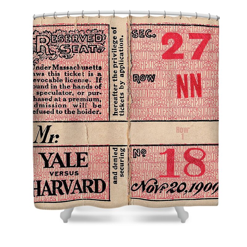 1909 Shower Curtain featuring the mixed media 1909 Yale vs. Harvard Football Game Ticket Art by Row One Brand