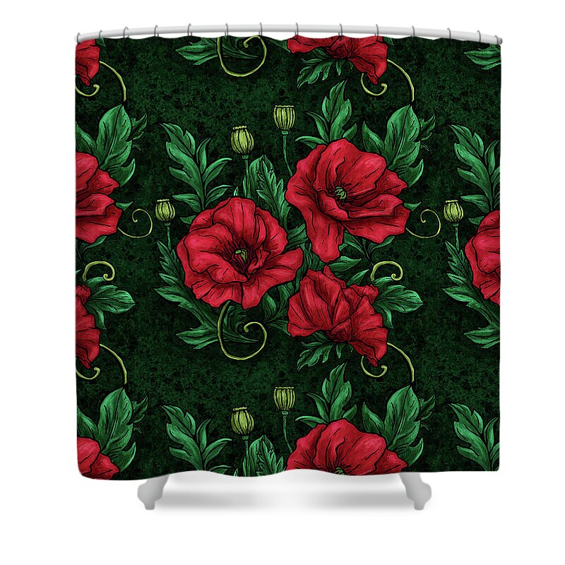 Poppy Shower Curtain featuring the painting Poppies on dark green background pattern, Red and green poppies by Nadia CHEVREL