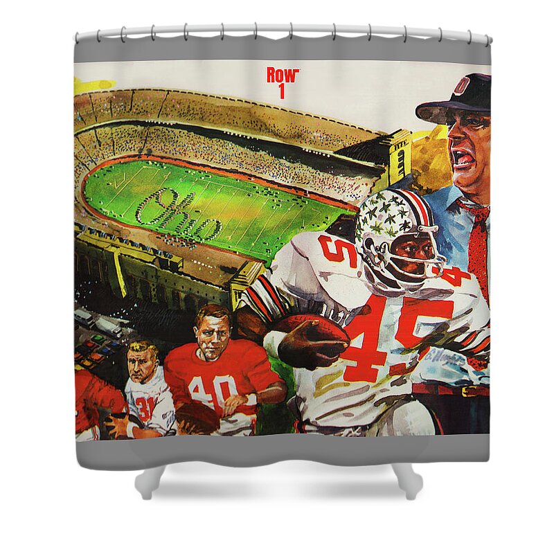 Woody Hayes Shower Curtain featuring the mixed media 1974 Ohio State Buckeyes Football Art by Row One Brand