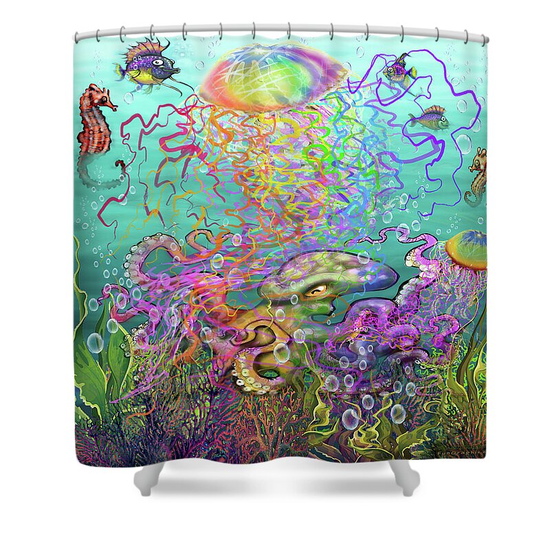 Rainbow Shower Curtain featuring the digital art Rainbow Jellyfish and Friends by Kevin Middleton