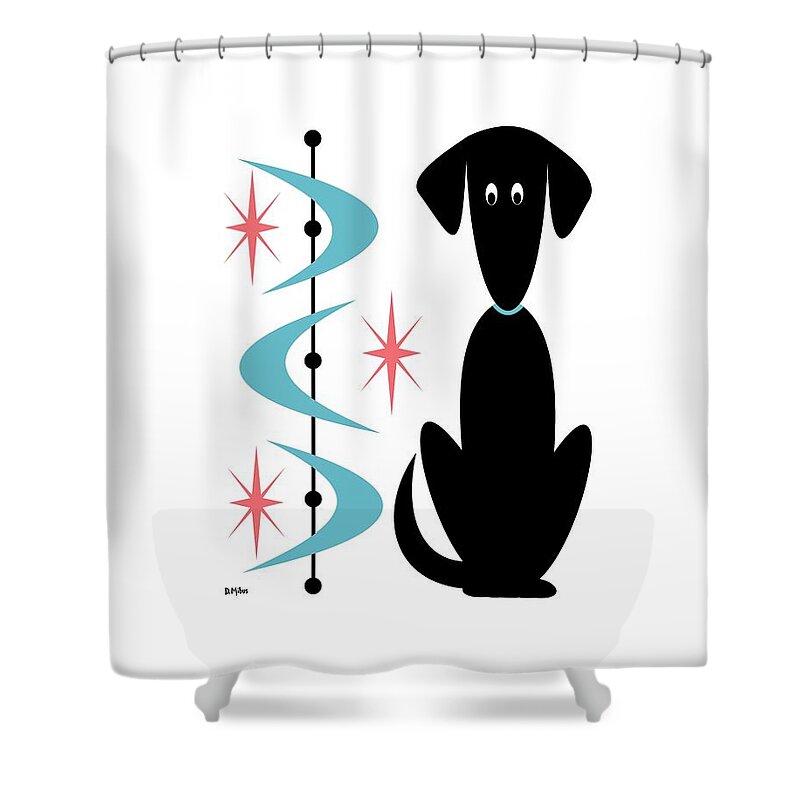 Mid Century Dog Shower Curtain featuring the digital art Atomic Dog with Blue Boomerangs by Donna Mibus
