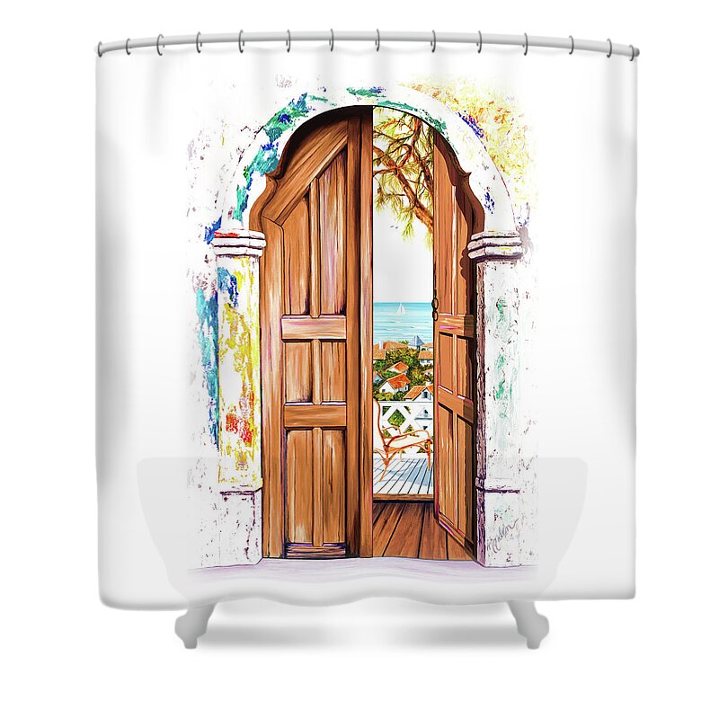 Rivera Shower Curtain featuring the painting SEE THROUGH VERANDA VIEW two oil paintings in print by Mary Grden