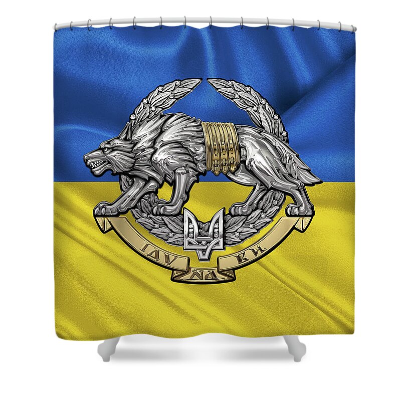 'military Insignia & Heraldry’ Collection By Serge Averbukh Shower Curtain featuring the digital art Ukrainian Special Operations Forces - SSO Emblem over Ukrainian Colors by Serge Averbukh