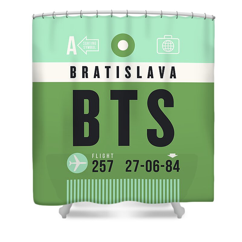 Airline Shower Curtain featuring the digital art Luggage Tag A - BTS Bratislava Slovakia by Organic Synthesis