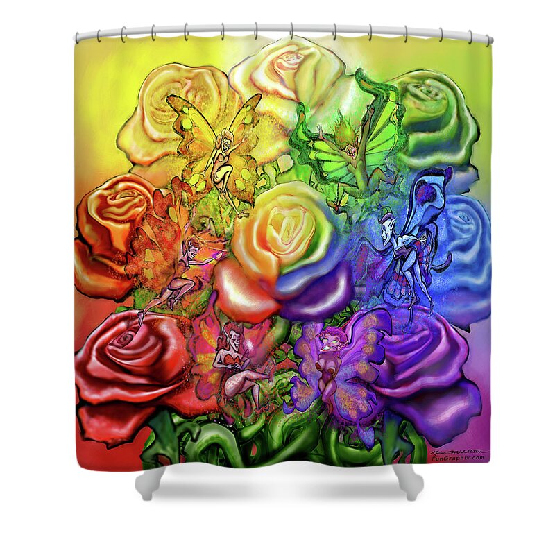 Rainbow Shower Curtain featuring the digital art Roses Rainbow Pixies by Kevin Middleton