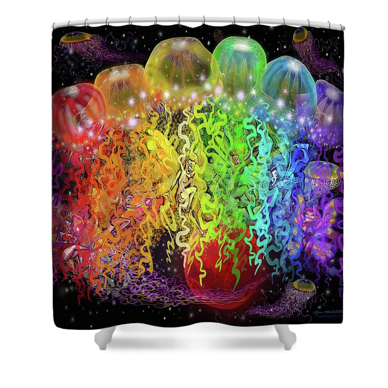 Space Shower Curtain featuring the digital art Space Pixies n Jellyfish by Kevin Middleton