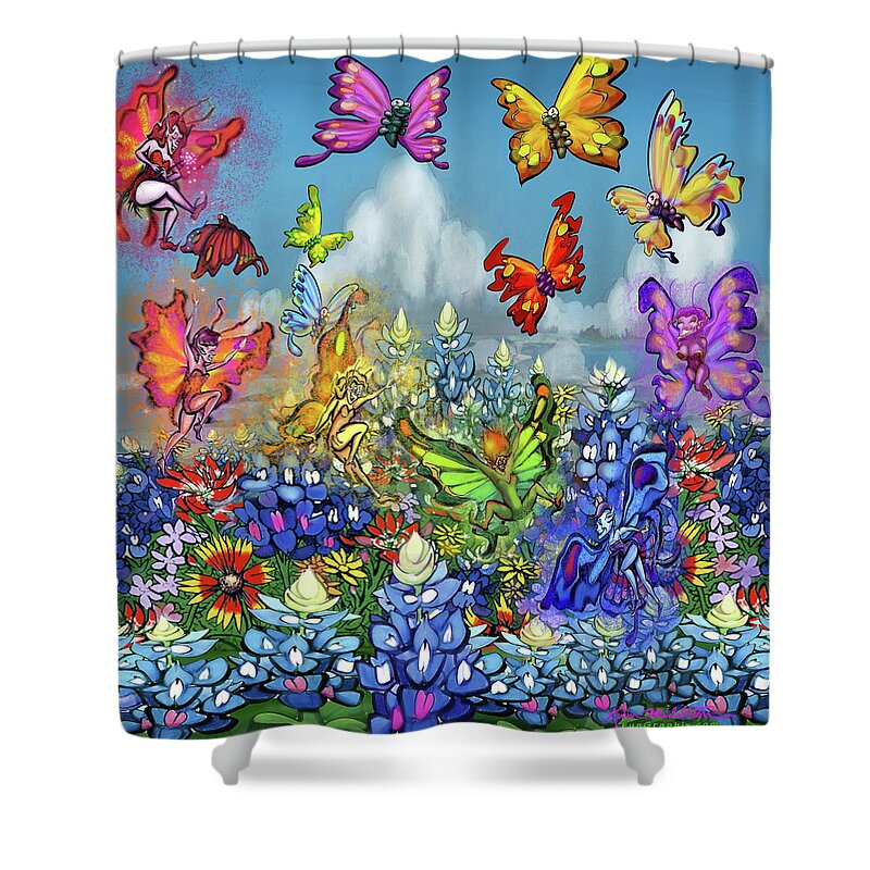Wildflowers Shower Curtain featuring the digital art Wildflowers Pixies Bluebonnets n Butterflies by Kevin Middleton