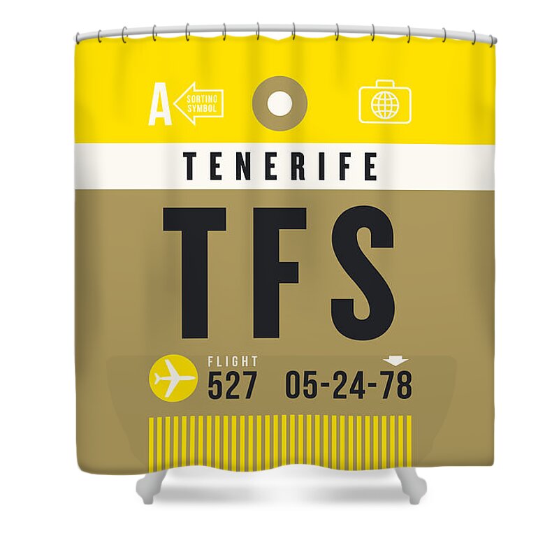 Airline Shower Curtain featuring the digital art Luggage Tag A - TFS Tenerife Canary Islands Spain by Organic Synthesis