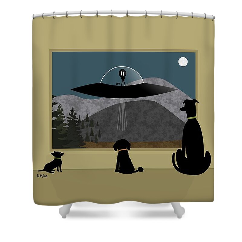 Black Dog Shower Curtain featuring the digital art Three Dogs Spy Alien Aircraft by Donna Mibus