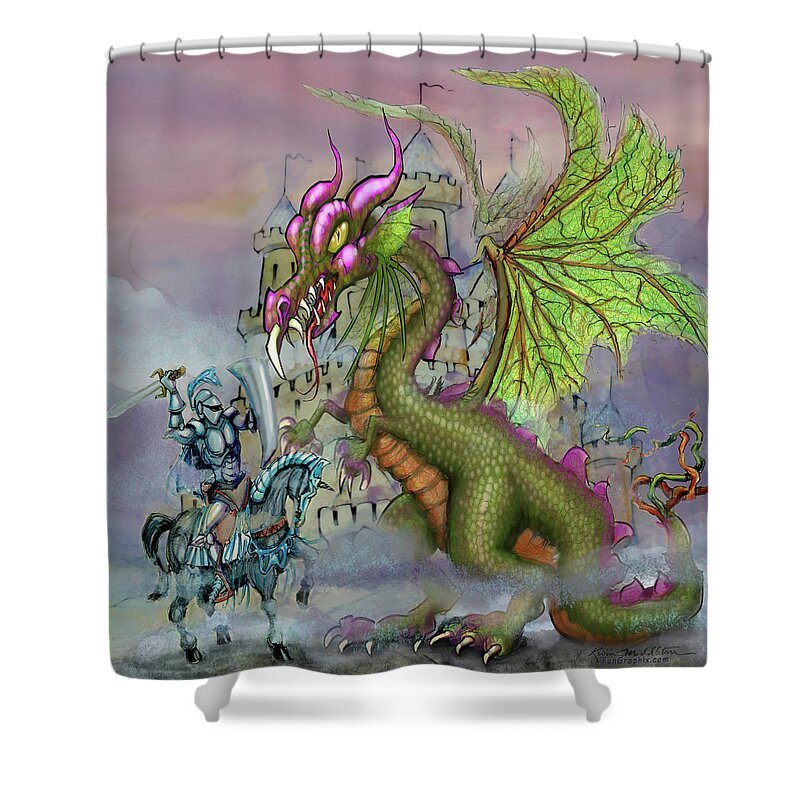 Knight Shower Curtain featuring the digital art Knight n Dragon n Castle by Kevin Middleton
