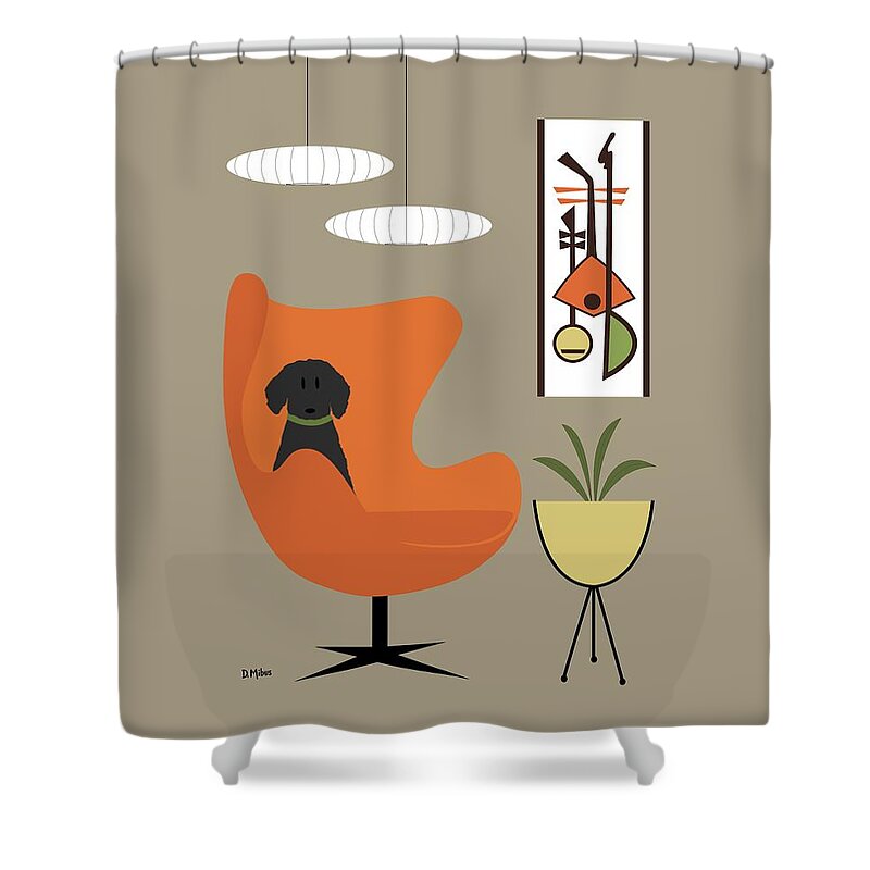 Mid Century Modern Shower Curtain featuring the digital art Black Dog in Orange Mid Century Chair by Donna Mibus