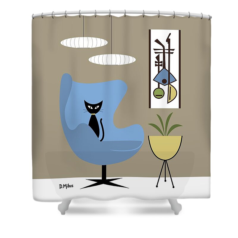 Mid Century Cat Shower Curtain featuring the digital art Black Cat in Blue Egg Chair by Donna Mibus