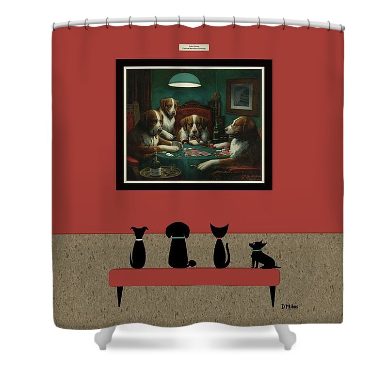 Dogs Play Poker Shower Curtain featuring the digital art Cat and Dogs Admire Poker Game Painting by Donna Mibus