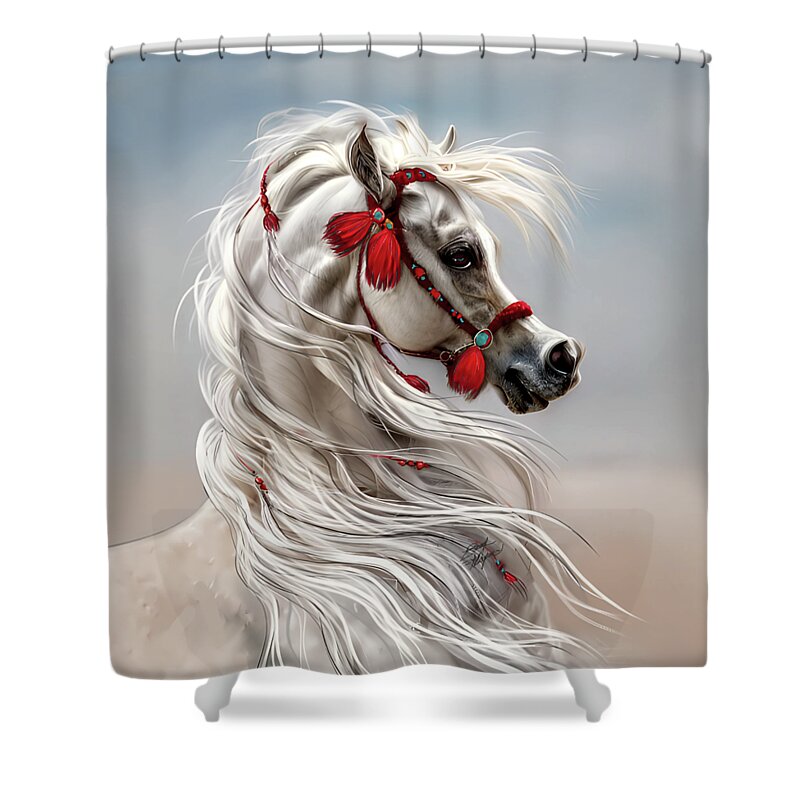 Equestrian Art Shower Curtain featuring the digital art Arabian with Red Tassels by Stacey Mayer by Stacey Mayer