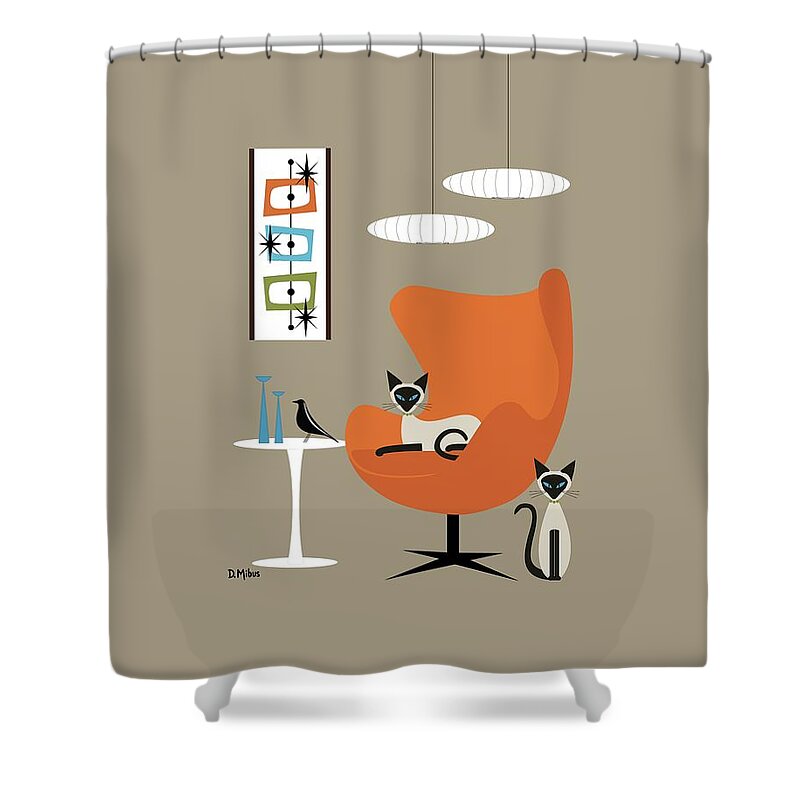 Mid Century Cat Shower Curtain featuring the digital art Two Siamese in Mid Century Orange Chair by Donna Mibus