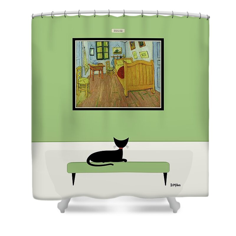 Cat At Museum Shower Curtain featuring the digital art Black Cat Admires Van Gogh Bedroom by Donna Mibus