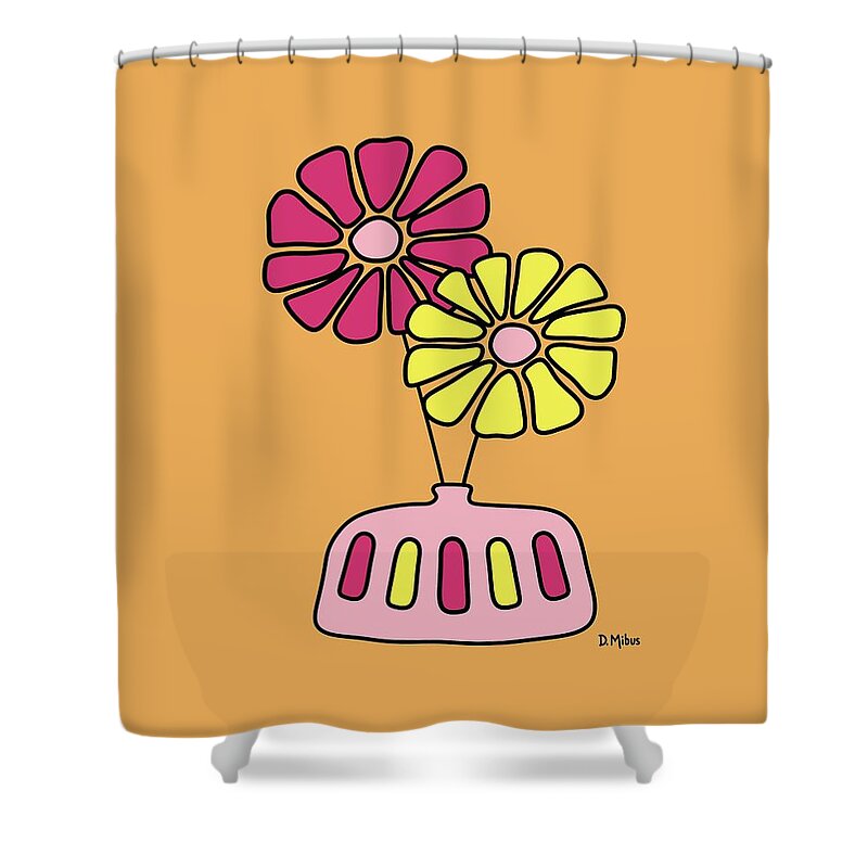 Groovy Shower Curtain featuring the digital art Groovy Pink and Yellow Flowers on Melon by Donna Mibus