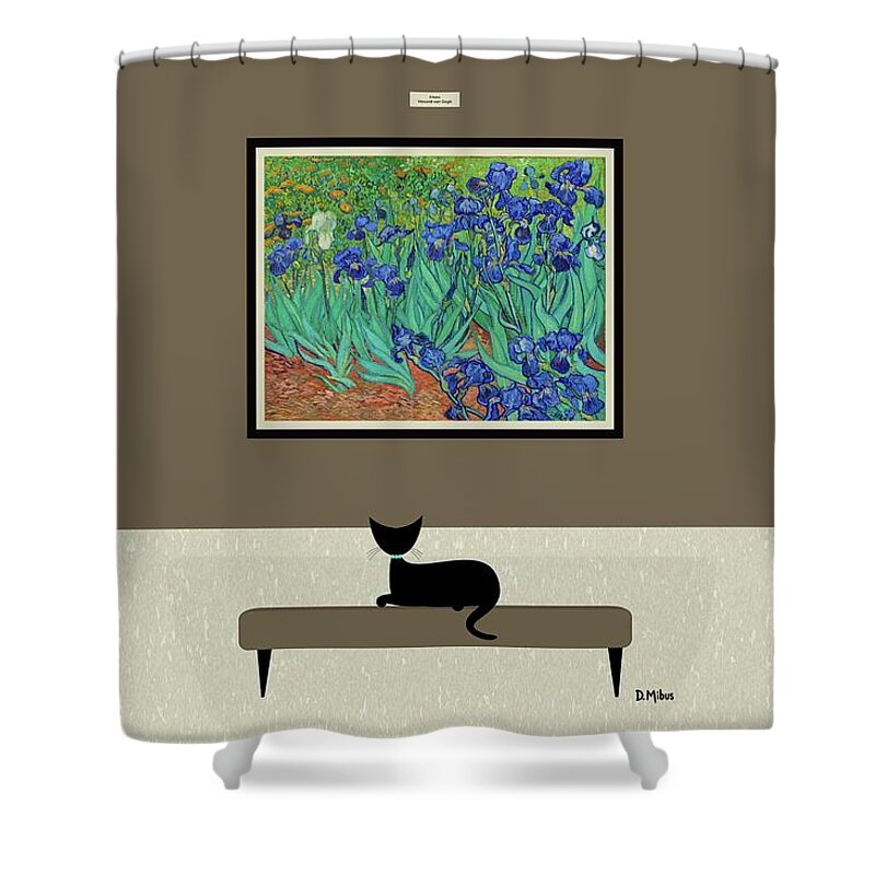Black Cat Shower Curtain featuring the digital art Black Cat Enjoys Van Gogh Irises by Donna Mibus