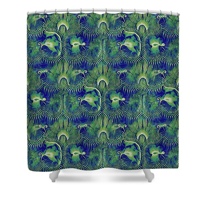 Modern Shower Curtain featuring the mixed media Seaweed Teal Modern Art Nouveau Pattern by Shelli Fitzpatrick
