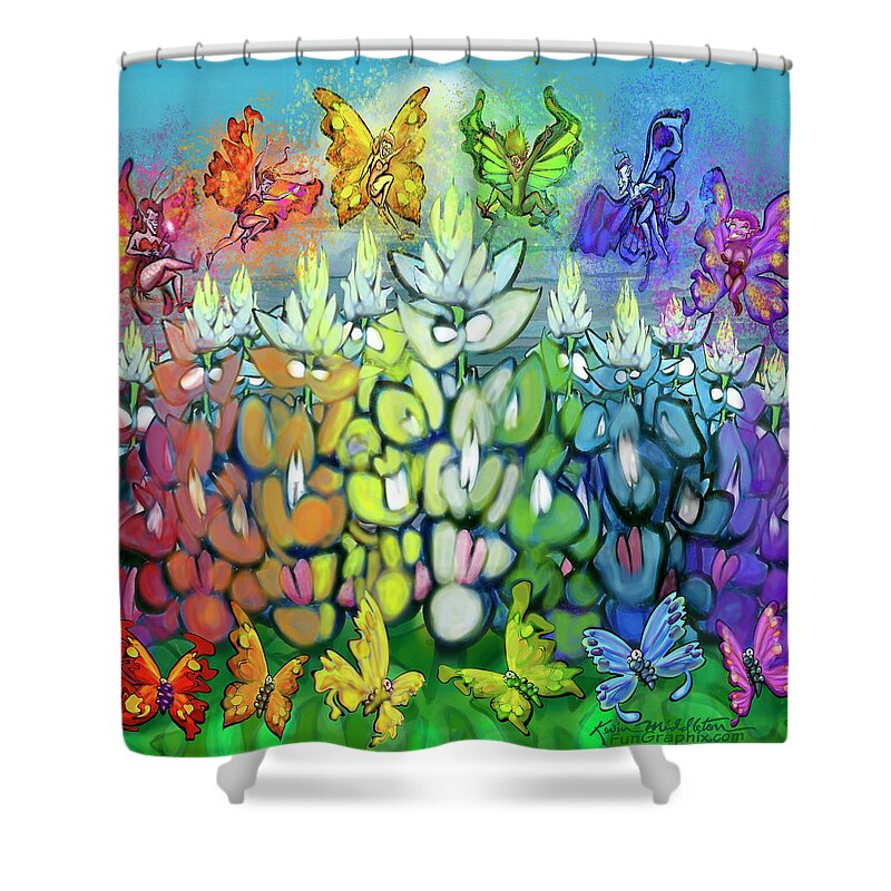 Rainbow Shower Curtain featuring the digital art Rainbow Bluebonnets Scene w Pixies by Kevin Middleton