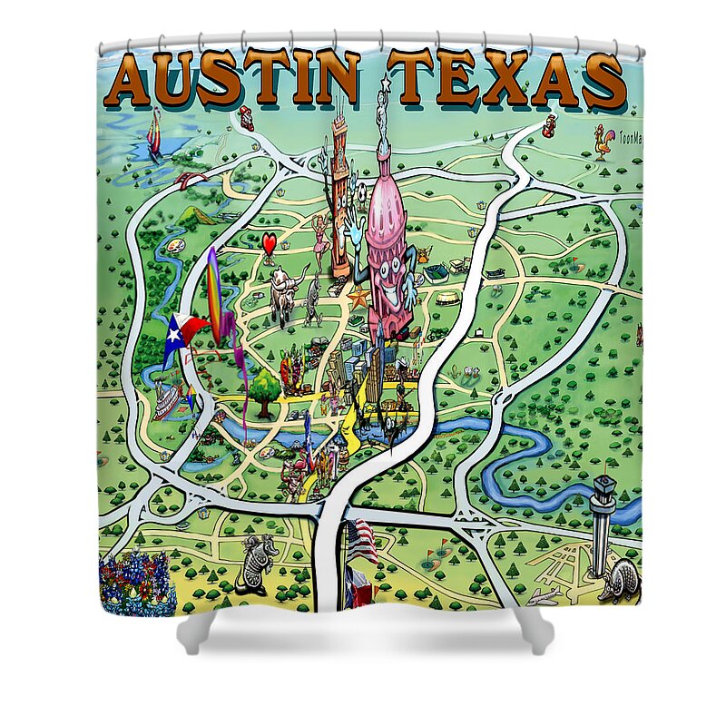 Austin Shower Curtain featuring the painting Austin Texas Fun Map by Kevin Middleton