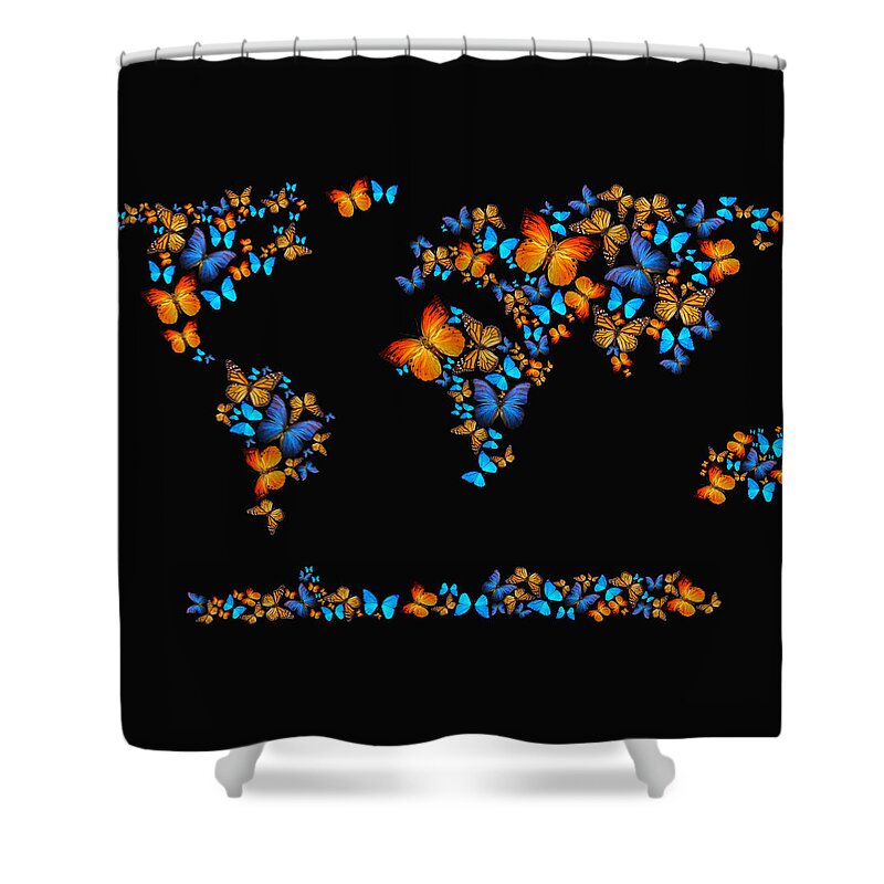 World Map Shower Curtain featuring the digital art Butterfly Map by Mark Ashkenazi