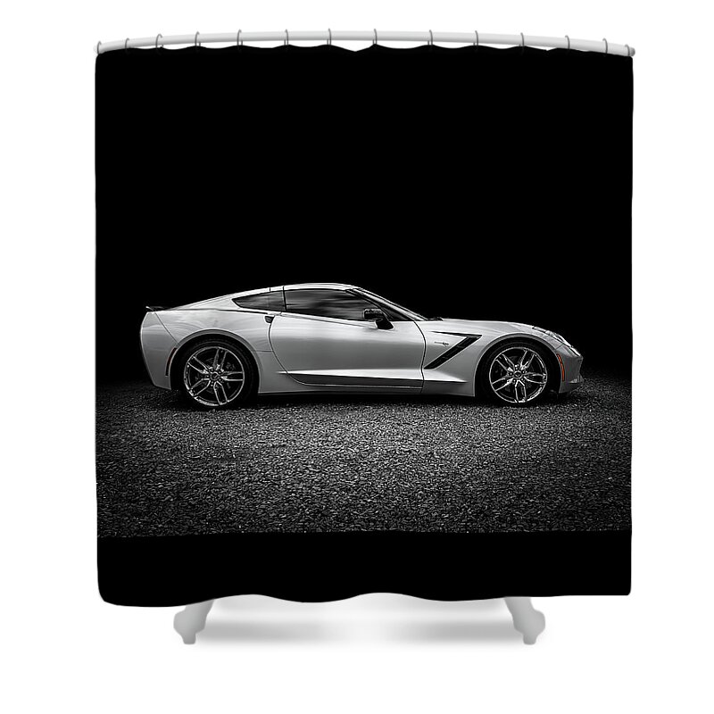 Corvette Shower Curtain featuring the digital art 2014 Corvette Stingray by Douglas Pittman