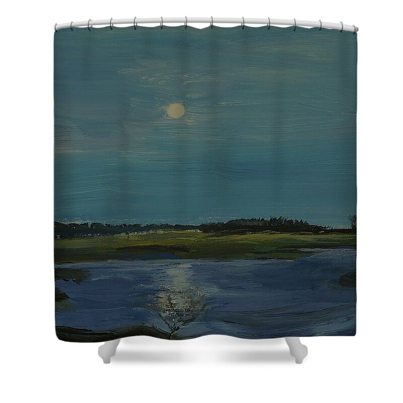 Lake Shower Curtain featuring the painting Moon on the Rise by Helen Campbell