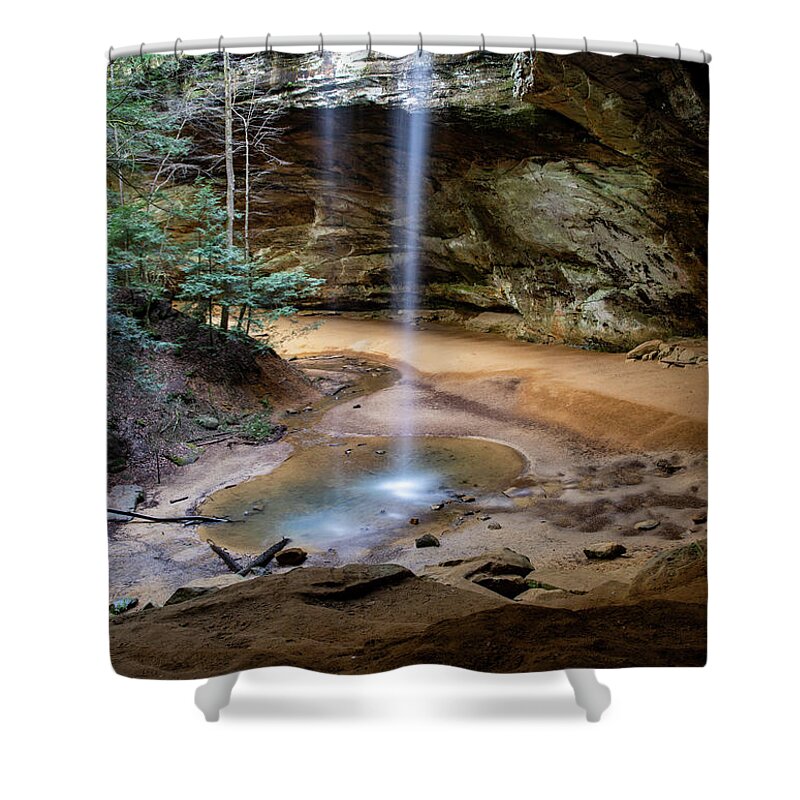 Ash Cave Vertical Shower Curtain featuring the photograph Ash Cave Waterfall Long Exposure by Dan Sproul